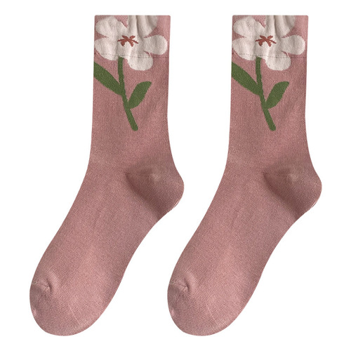 Three-dimensional flower socks for women in spring and autumn mid-tube Japanese retro confinement socks autumn and winter postpartum pink flower pile socks