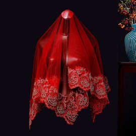 玛丽苏*新娘红盖头结婚中式夏季秀禾半透明金丝刺绣古风红色头纱
