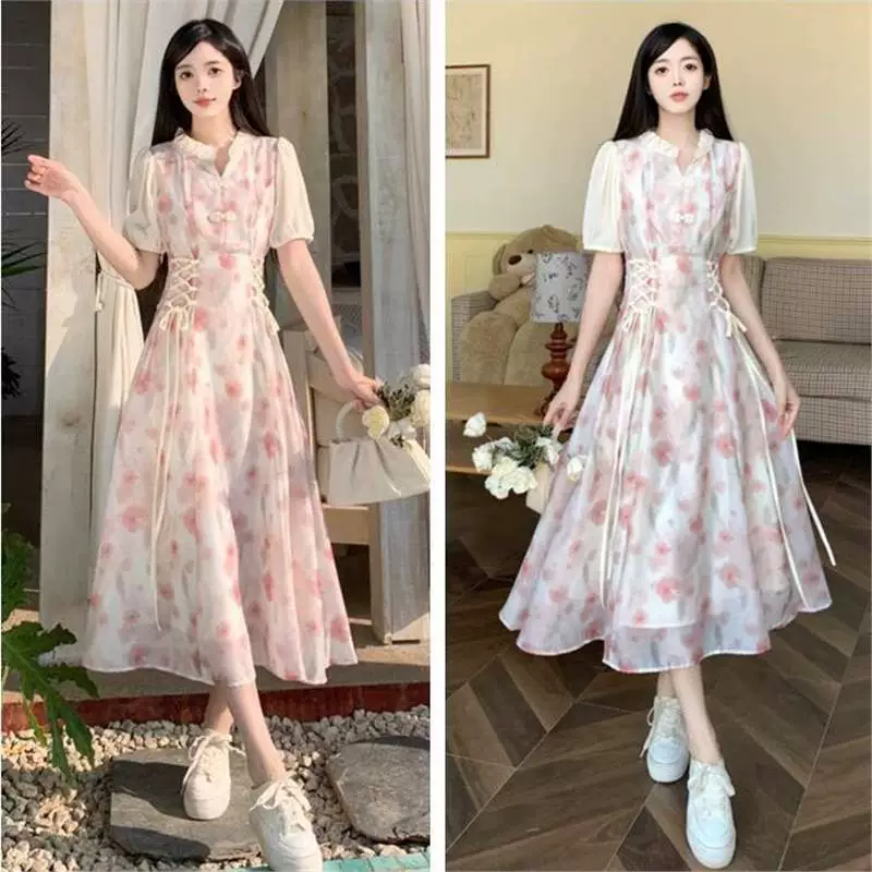 Новое нежное платье с цветочным принтом в китайском стиле больших размеров для женщин, летнее платье с дизайном талии, элегантная длинная юбка для похудения