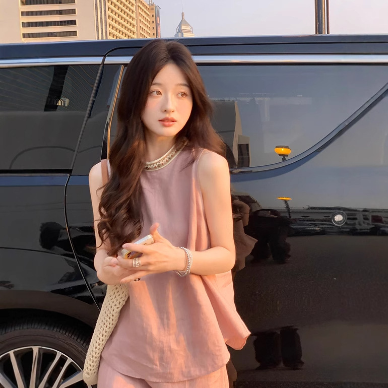 Women's Summer Outfit Two-Piece Set Pink Linen Sleeveless Top Wide-Leg Casual Pants Women's Summer High-Waisted White Trousers