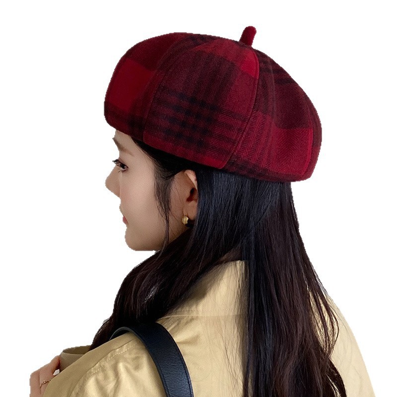 2025新款英伦复古格子贝雷帽女秋冬时尚百搭画家帽显脸小八角帽子|undefined