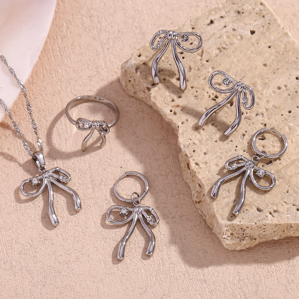 Elegant Rhinestone Inlaid Bow Knot Stainless Steel Pendant Necklace Earrings Ring Sets