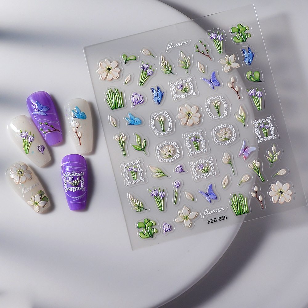 Cute, Solid Color Style Feb New Supply Relief Nail Stickers Three-Dimensional Hot Sale Flowers Nail Sticker Wear Nail Ornament