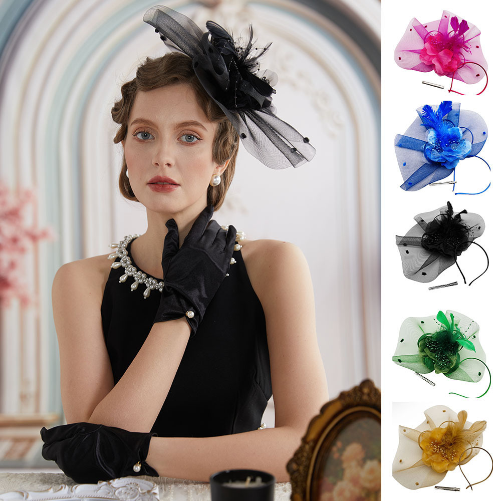 Cross-border European and American Feather Mesh Headwear Vintage Bridal Ball Hairpin Topper Head Flower Jockey Club Hairband Hair Accessories