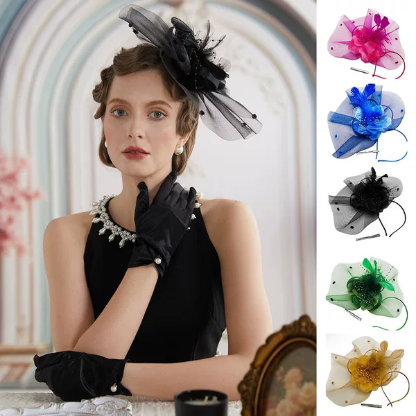 Cross-border European and American Feather Mesh Headwear Vintage Bridal Ball Hairpin Topper Head Flower Jockey Club Hairband Hair Accessories