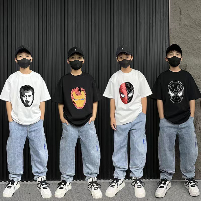 Padres e hijos con lentejuelas que cambian de color para niños verano nueva entrega de una sola pieza de Camiseta de algodón de dibujos animados que cambia la cara