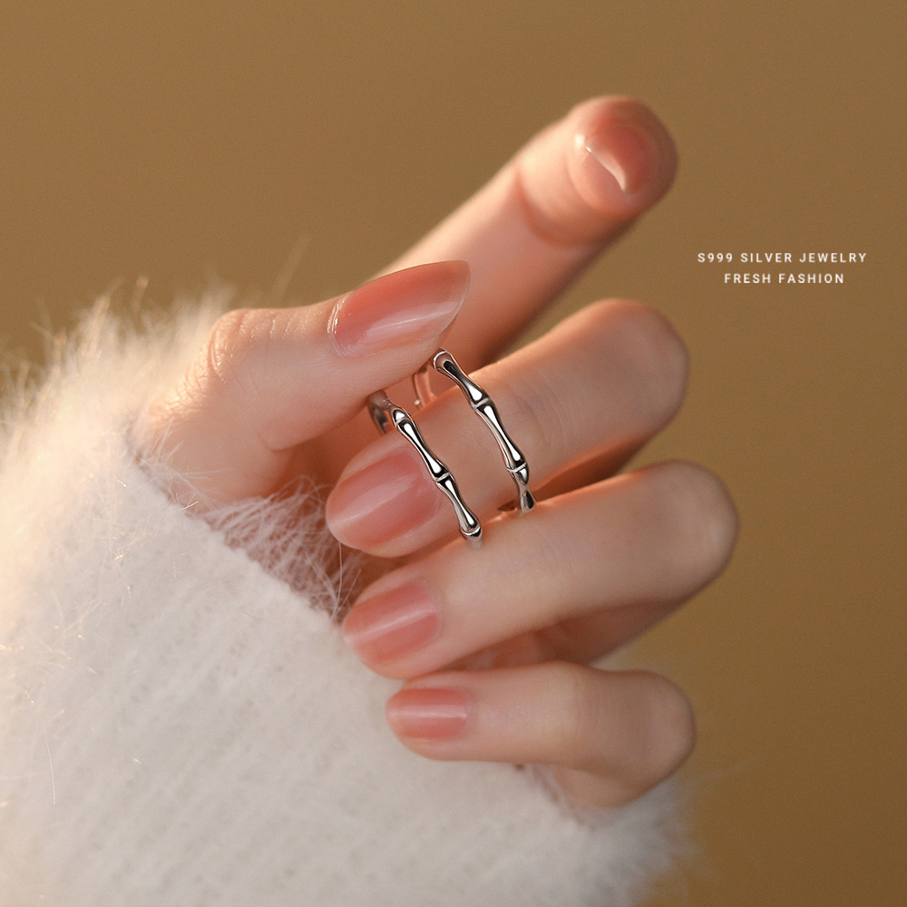 S999 Sterling Silver Bamboo Couple Ring Simple Niche Open Ring Creative Childhood Sweetheart Pure Silver Ring Dropshipping