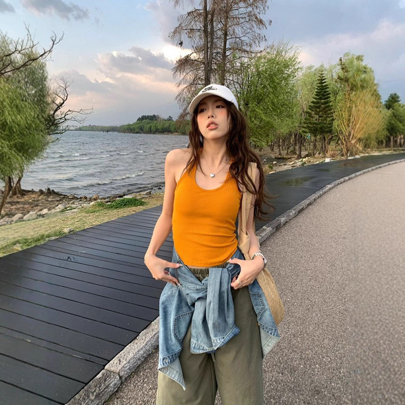 Hot Girl Style Camisole Women's Summer Outer Wear 2025 New Beautiful Back Orange Short Design Sleeveless Halter Top