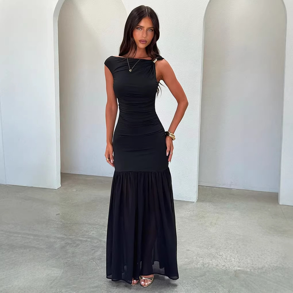 Women's Fashion One-Shoulder Long Dress European American Style Metal Knot Waist Cinching Mesh Patchwork Formal Dress_ecoleips.com