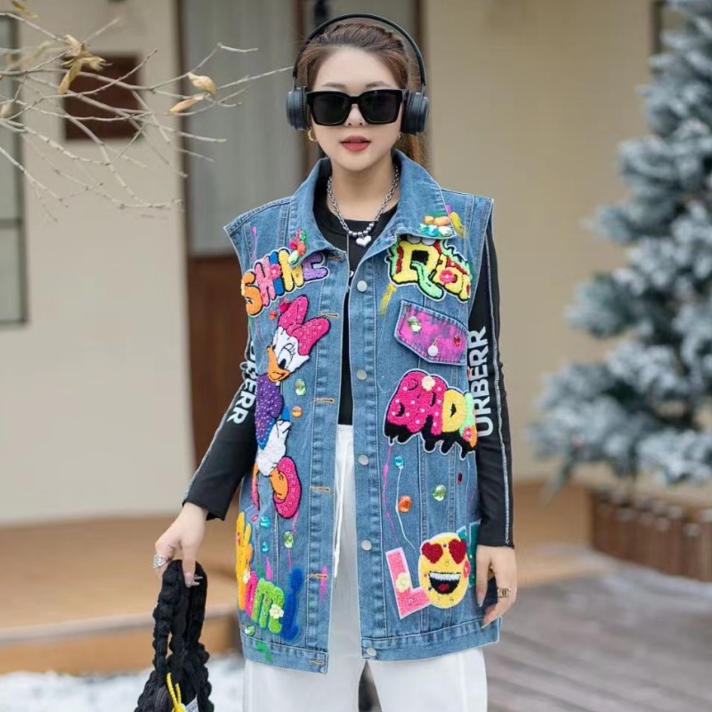 Tailandia moda marca 2024 primavera nueva industria pesada diamante con cuentas de dibujos animados Denim coat mujeres diseño sentido chaleco superior image 2