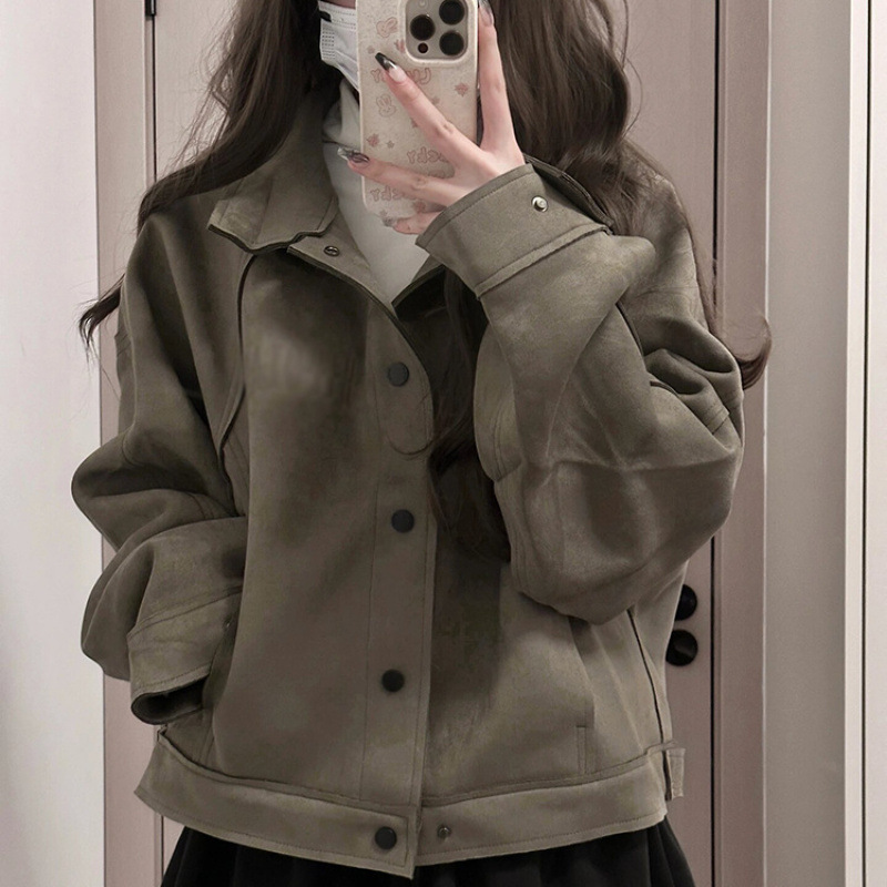 美式复古鹿皮绒情侣纯色国潮小众夹克女2025春季新款休闲上衣外套|undefined