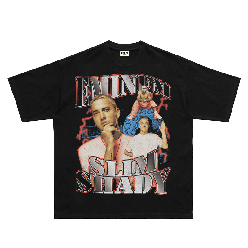 Eminem Portrait Hiphop Eminem Vintage Rap Hip-Hop Short-Sleeved Rap T-Shirt Loose American Tee
