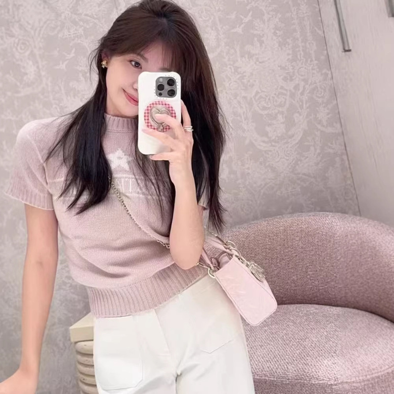 2026 Summer New Style Lucky Star Five-Pointed Star Embroidered Short-Sleeved Knitted Wool Sweater for Women, Popular Summer Style