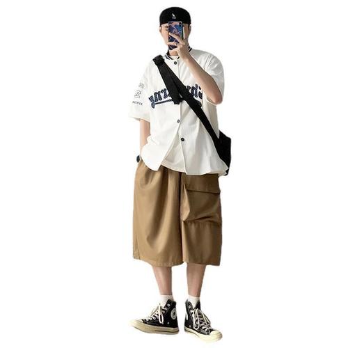 Workwear Shirt Hip-Hop T Summer Loose American Baseball Collar Ins Couple Fashion Brand Men Women BF Five-Button Short Sleeve Top