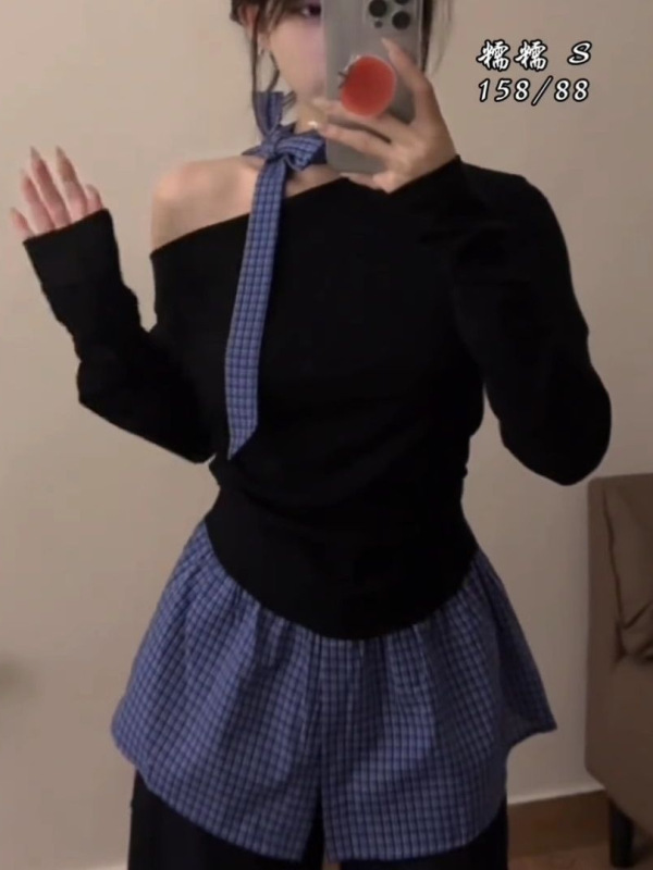假两件格子拼接露肩长袖t恤女秋冬设计感小众独特别致甜辣妹上衣|undefined