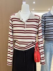 韩系撞色条纹polo翻领针织衫女巨好看的早秋穿搭宽松慵懒毛衣上衣