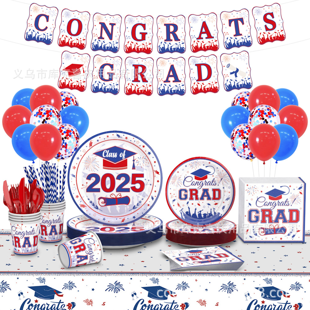 2025 temporada de graduación roja y azul fiesta decoración de la fiesta de graduación bandeja de papel desechable tazas de papel toallas de papel cubiertos