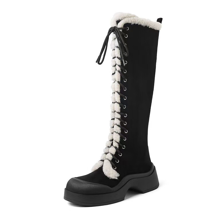 Boot nữ cổ cao lông dày ấm áp, dây buộc phong cách hiệp sĩ, đế chống trượt mùa đông — màu nâu