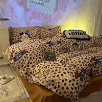 Постельный комплект в стиле мультфильма в горошек, четырехпредметный набор для студенческого общежития, простыни, пододеяльник, трехпредметный комплект из стираного хлопка