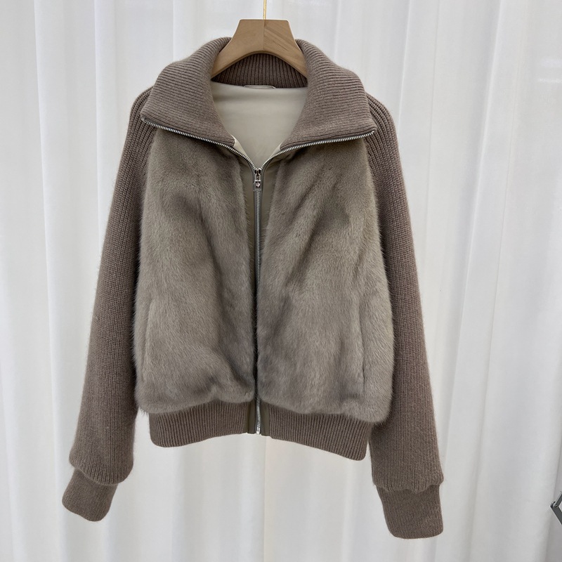 海宁2024冬季新款高级感水貂毛鹅绒服女短款针织皮草小个子外套女