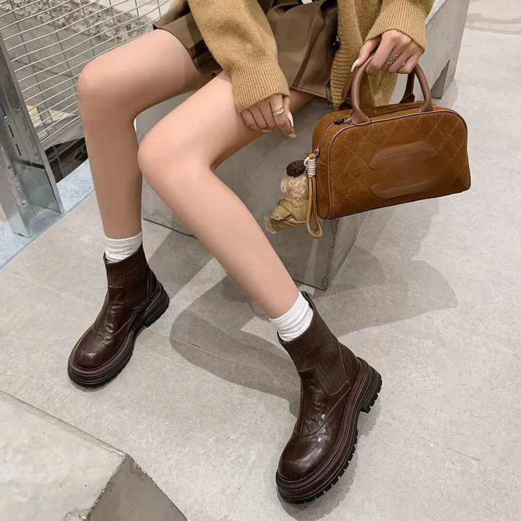 Кожаные сапоги челси женские осенние и зимние туфли на каблуках Martin сапоги толстые сапоги вязаные эластичные сапоги сапоги французские тощие сапоги