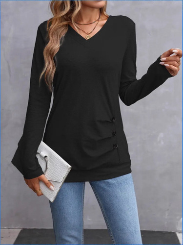 New independent station European and American spring and autumn new solid color long-sleeved button casual T-shirt