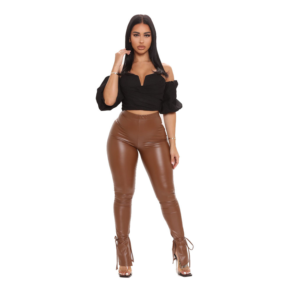 sexy high-waist high elastic micro-horn side slit PU leather pants NSDLY118701