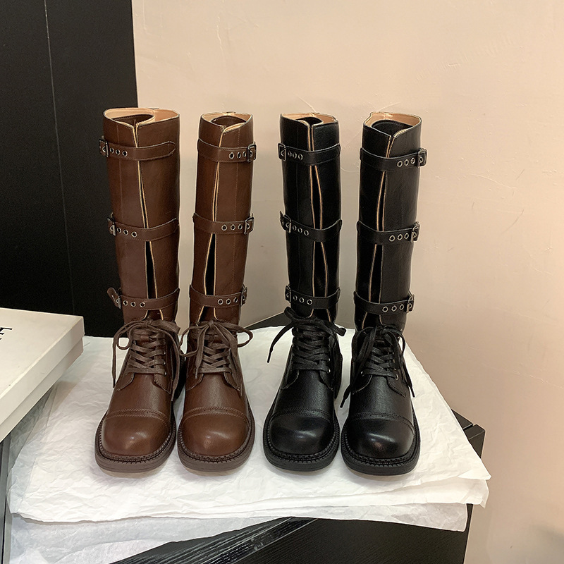 Grape Mom's Same Style Motorcycle Miu Fashionable Leather Belt Buckle Retro Thick Heel Mid-High Genuine Leather Riding Boots for Women Autumn and Winter