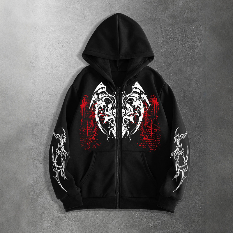 Dark skull, thorns, blood splatter print American style zip-up fleece-lined loose hooded sweatshirt