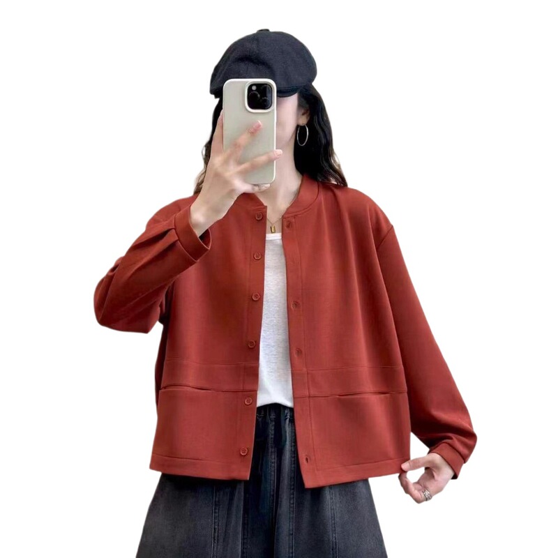 新款休闲简约纯色上衣女开衫显瘦棒球服短外套|undefined