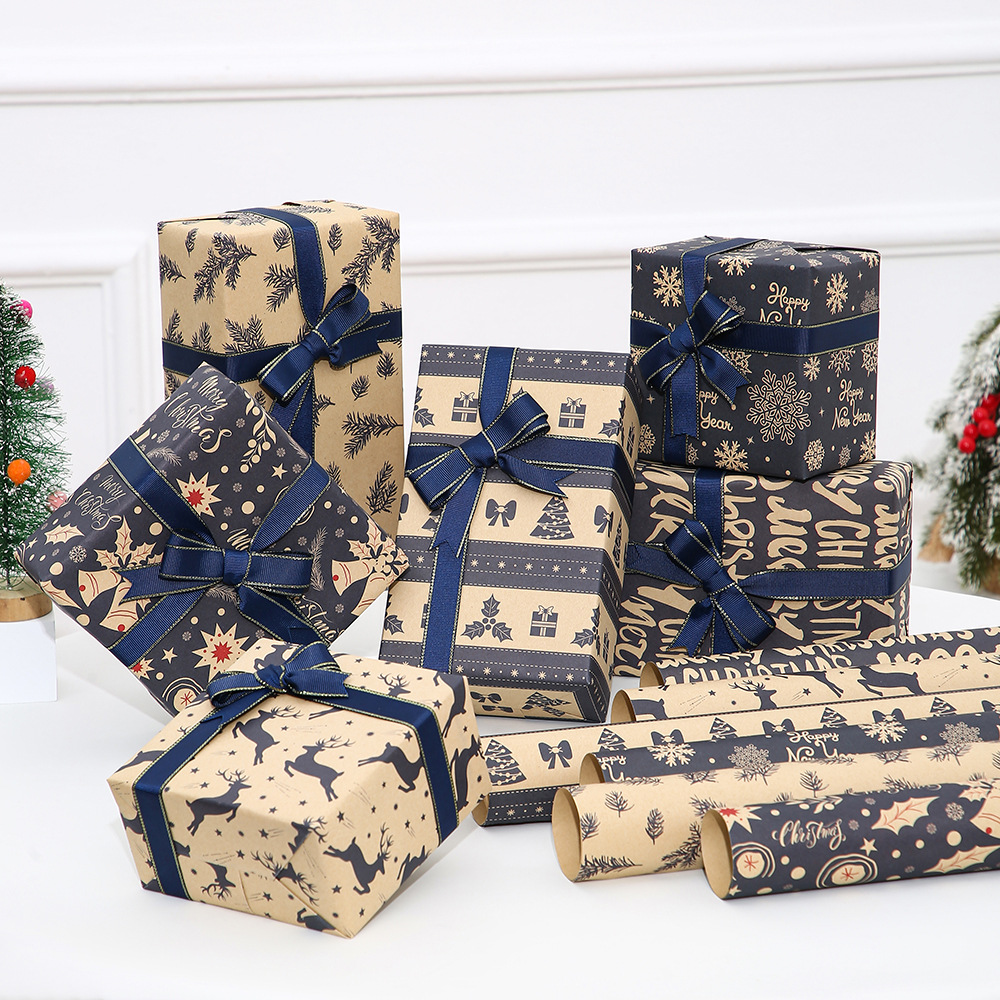 Nuevo papel de embalaje kraft de Navidad retro, papel de embalaje de regalo de nieve de alce, papel de embalaje de Nochebuena