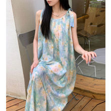 新款油画风度假连衣裙夏季棉绸睡裙薄款无袖甜美人造棉可外穿长裙