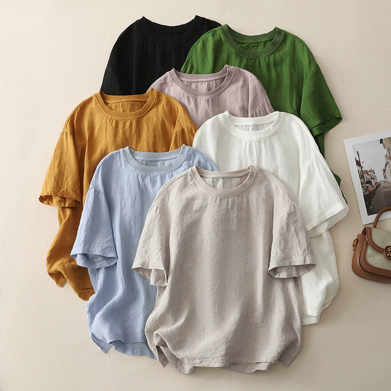 Реальная стрельба 2025 новый ретро Dunshi хлопчатобумажный льняной топ женский шиток с круглым вырезом рубашка с короткими рукавами повседневная пуловер футболка