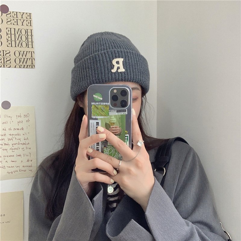 Jesenný a zimný teplý všestranný párový pulóver vlnená čiapka Pletená čiapka s písmenom R_voghion.com