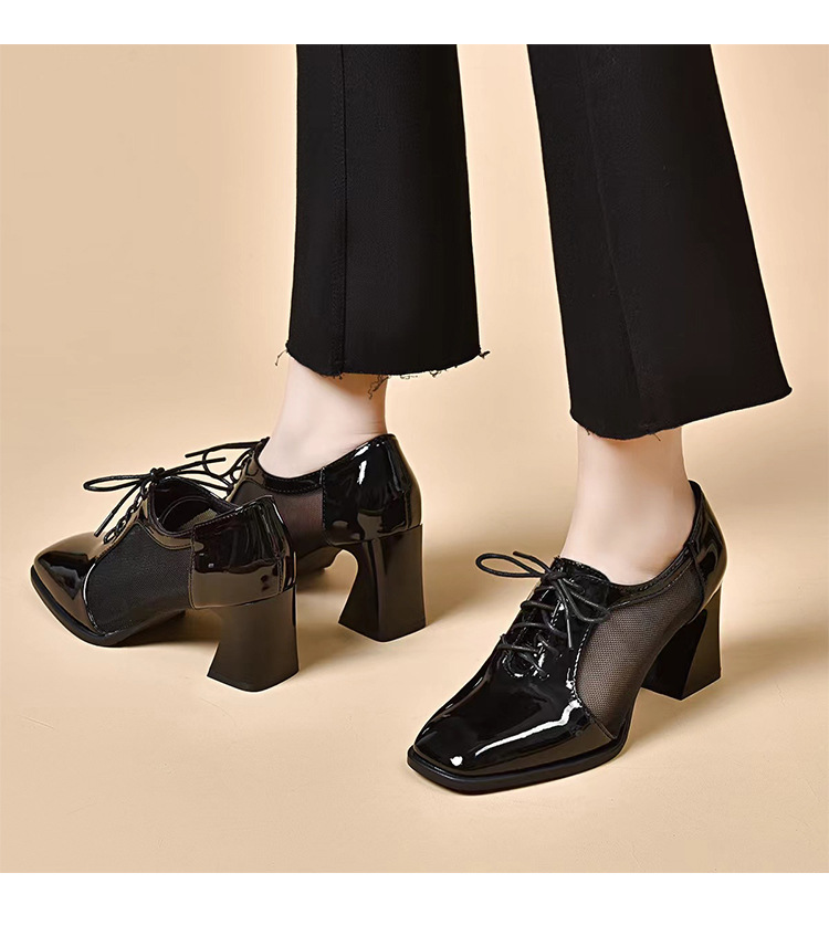 Giày sandal cao gót nữ mũi vuông gót dày da bóng thoáng khí — Màu đen chi tiết 5