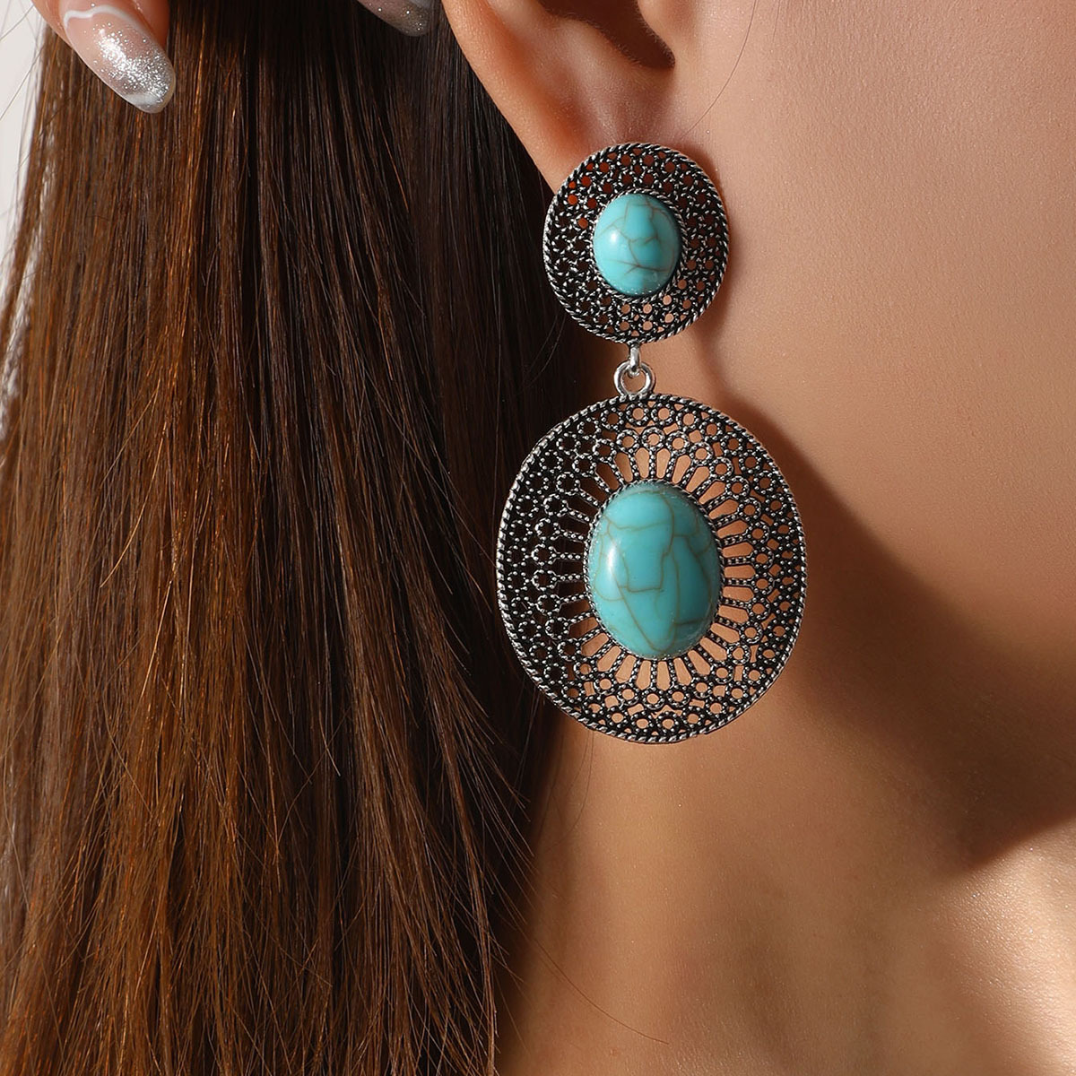 Europa y América bohemia estilo retro aretes turquesa bordilla pendientes de estilo minoría personalidad temperamento aretes