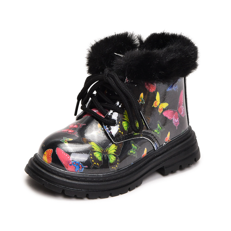 Botas de niñas 2024 otoño y invierno nuevas botas de mariposa de goma de borracha de moda bebés pequeñas botas de algodón caliente Martin