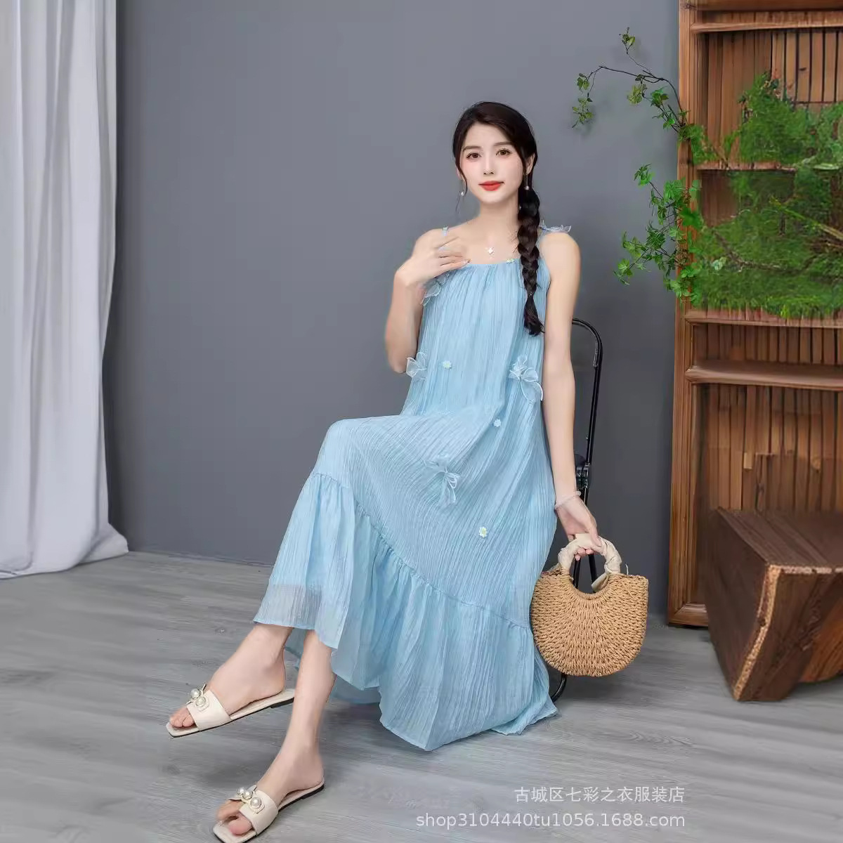 New Trend White Tie-Dyed Summer Solid Color Butterfly Stereo Flower Niche Photo Fairy Daily Wear Suspender Skirt