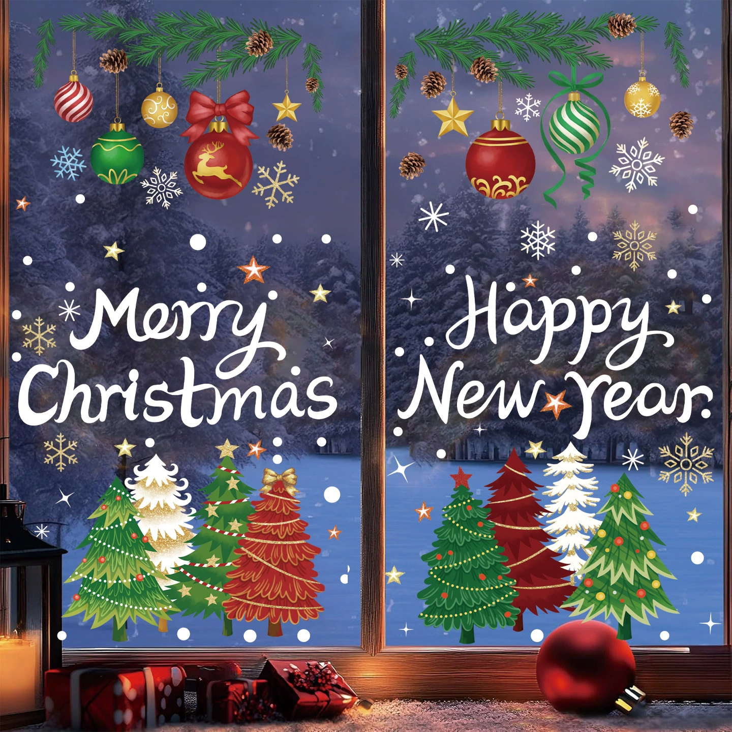 Рождественские украшения для окон, электростатические наклейки, ветки рождественской елки, подвески из сосновых шишек, рождественские шары, наклейки на окна, подвесные шары, стеклянные наклейки