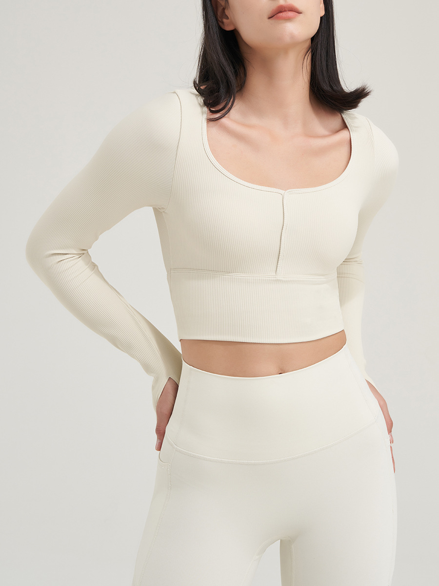 Otoño e Invierno nueva Copa fija ropa de Yoga de manga larga hilo Deportivo Superior de las mujeres gran U-cuello apretado cinturón Finger Set ropa de fitness