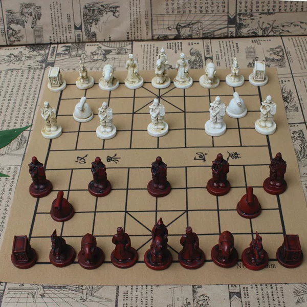 Retro three-dimensional Chinese chess PU leather chessboard resin Terracotta Warriors Chinese chess character chess pieces parent-child gift