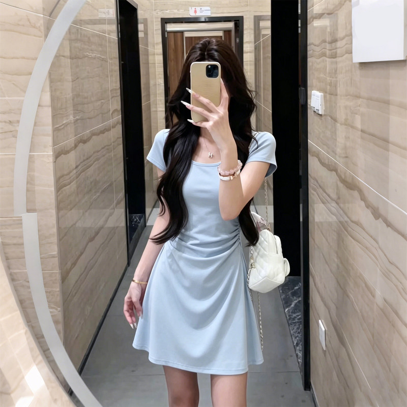 Blue Super Stylish Short Dress for Women, 2026 New Early Summer U-Neck Short-Sleeve Slim-Fit Bodycon Dress for Petite Figures Blue Super Stylish Short Dress for Women, 2026 New Early Summer U-Neck Short-Sleeve Slim-Fit Bodycon Dress for Petite Figures