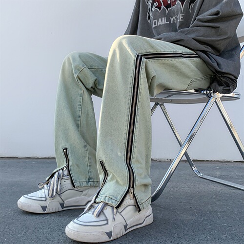 Men's Summer Thin Yellow Clay Color Zipper Design High-Waisted Wide Leg American Street Style Loose Straight Leg Pants