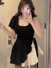 胖mm遮肉大码套装女夏季设计感不规则弹力短袖上衣收腰显瘦半身裙