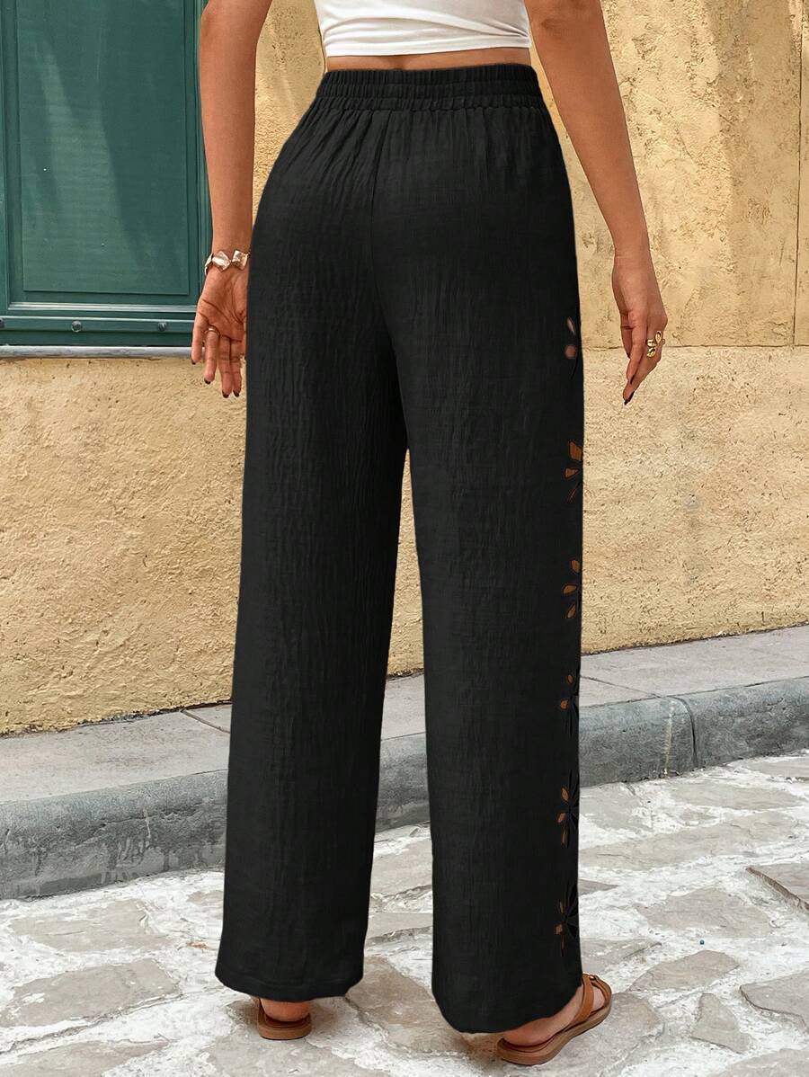Women's Clothing Women's Casual Trousers Drawstring Hollow Out Solid Color Loose Wide Leg Pants Simple Style_ecoleips.com