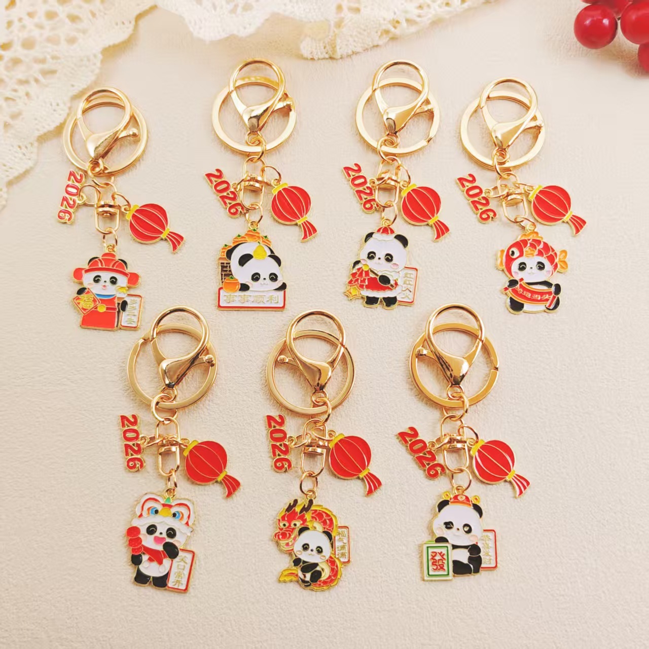 新年国潮福气大熊猫钥匙扣挂件四川旅游纪念品可爱国宝挂饰礼物