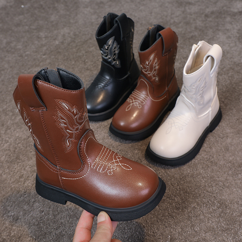 Retro Embroidered Western Cowboy Boots Children's New Fashion Square Toe Brown Short Boots Thick Heel Mid-Calf Internet Celebrity Knight Boots