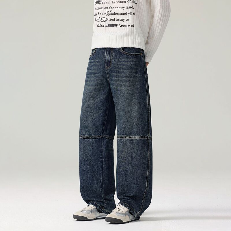 Shanggu Men's American Retro Patchwork Wide-Leg Jeans, Washed Loose Fit, Curved Hem, High Street Style