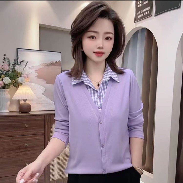 一件代发2025秋季新款时尚气质百搭减龄假两件拼接衬衫领长袖上衣|undefined