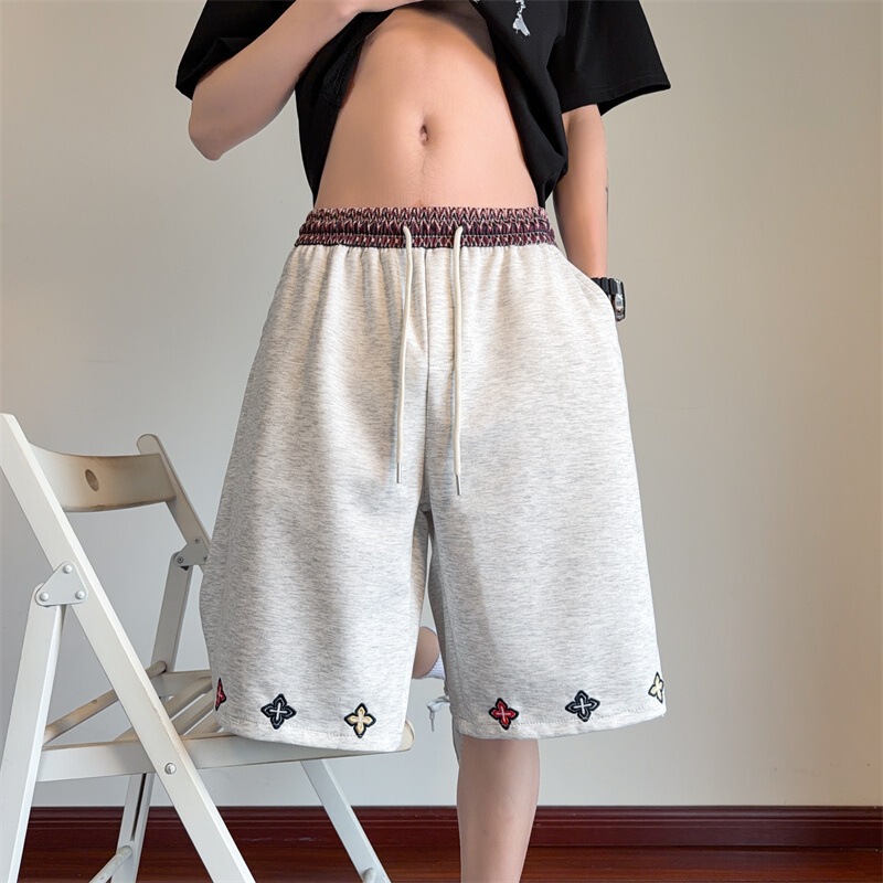 Color-Blocked Waistband Embroidered Sports Shorts for Men, Summer Loose-Fitting Basketball Mid-Length Shorts, Trendy Casual Wide-Leg Five-Point Pants